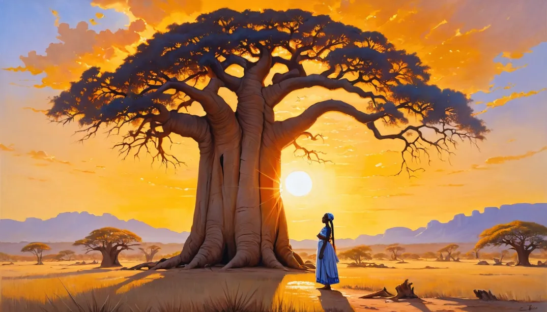 A vast African savannah with a lone baobab tree in